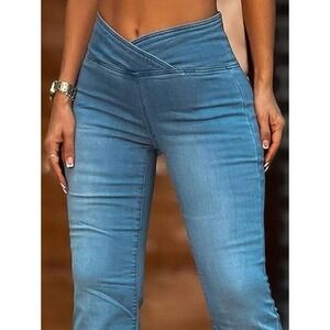 Flamingals Womens High Waisted Crossover V-Waist Flare Jeans Medium Wash L NEW